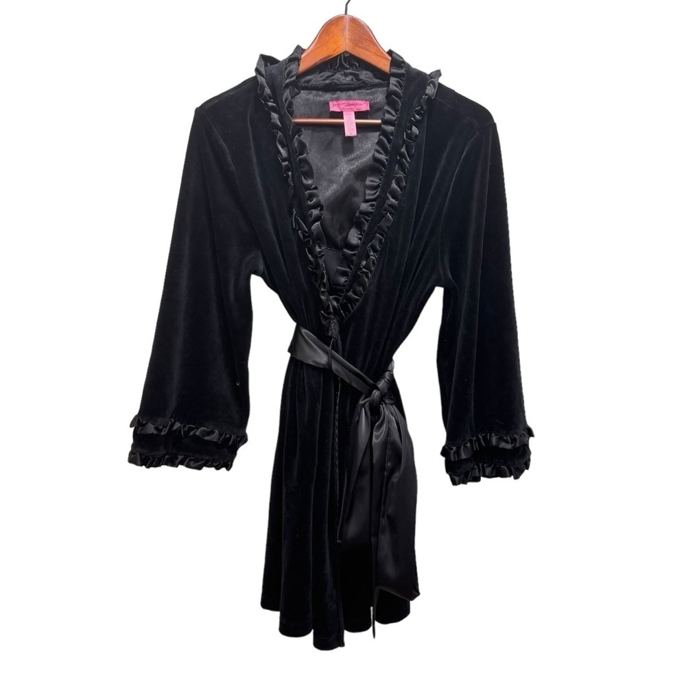 Betsy Johnson Intimates Black Velvet Ruffle Robe Size Medium - Picture 2 of 12